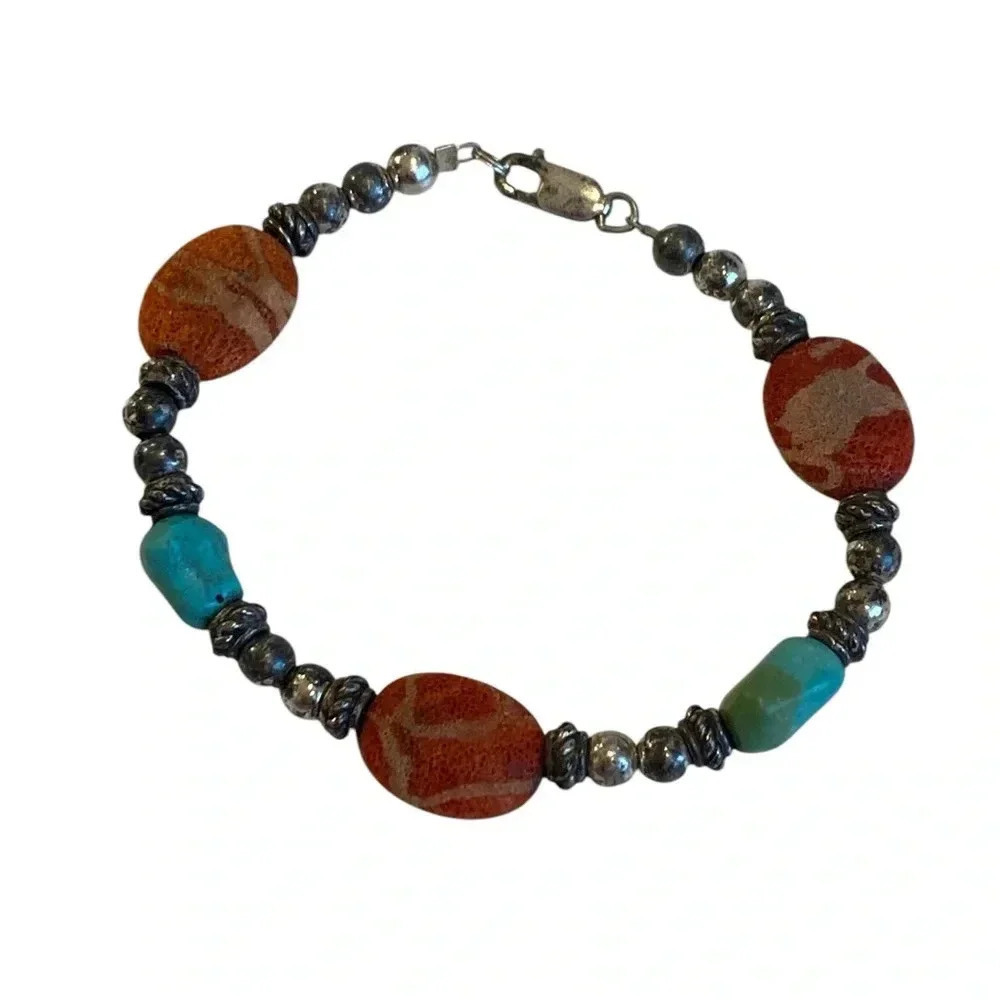 Vintage Womens Red Coral And Turquoise Beaded Bracelet Boho Native American